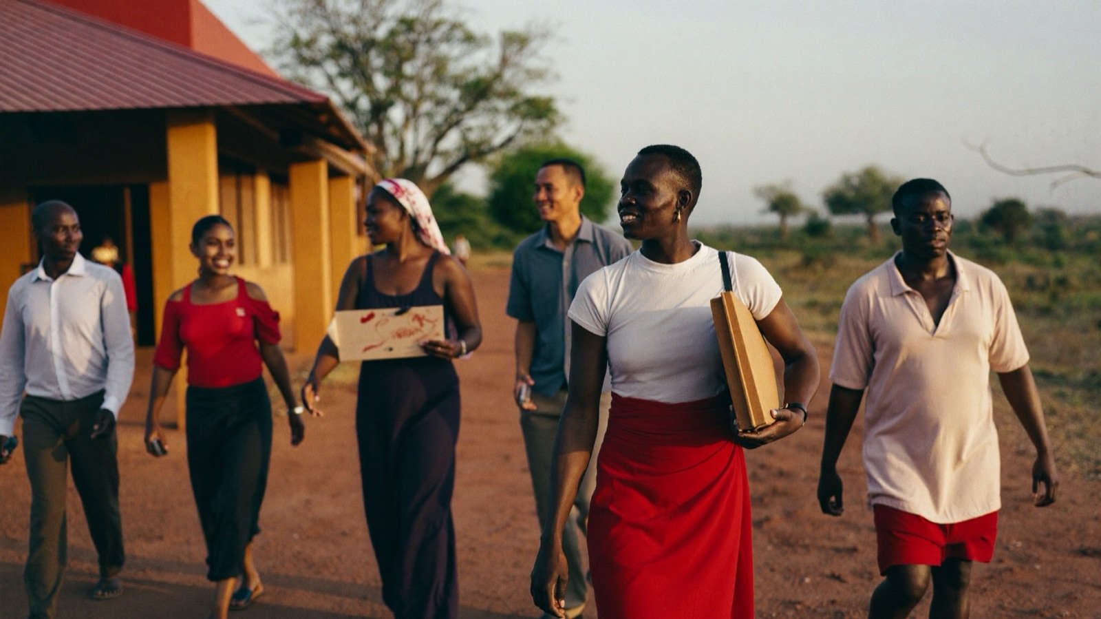 A savings group walking home from a meeting at golden hour, one member carrying the ledger