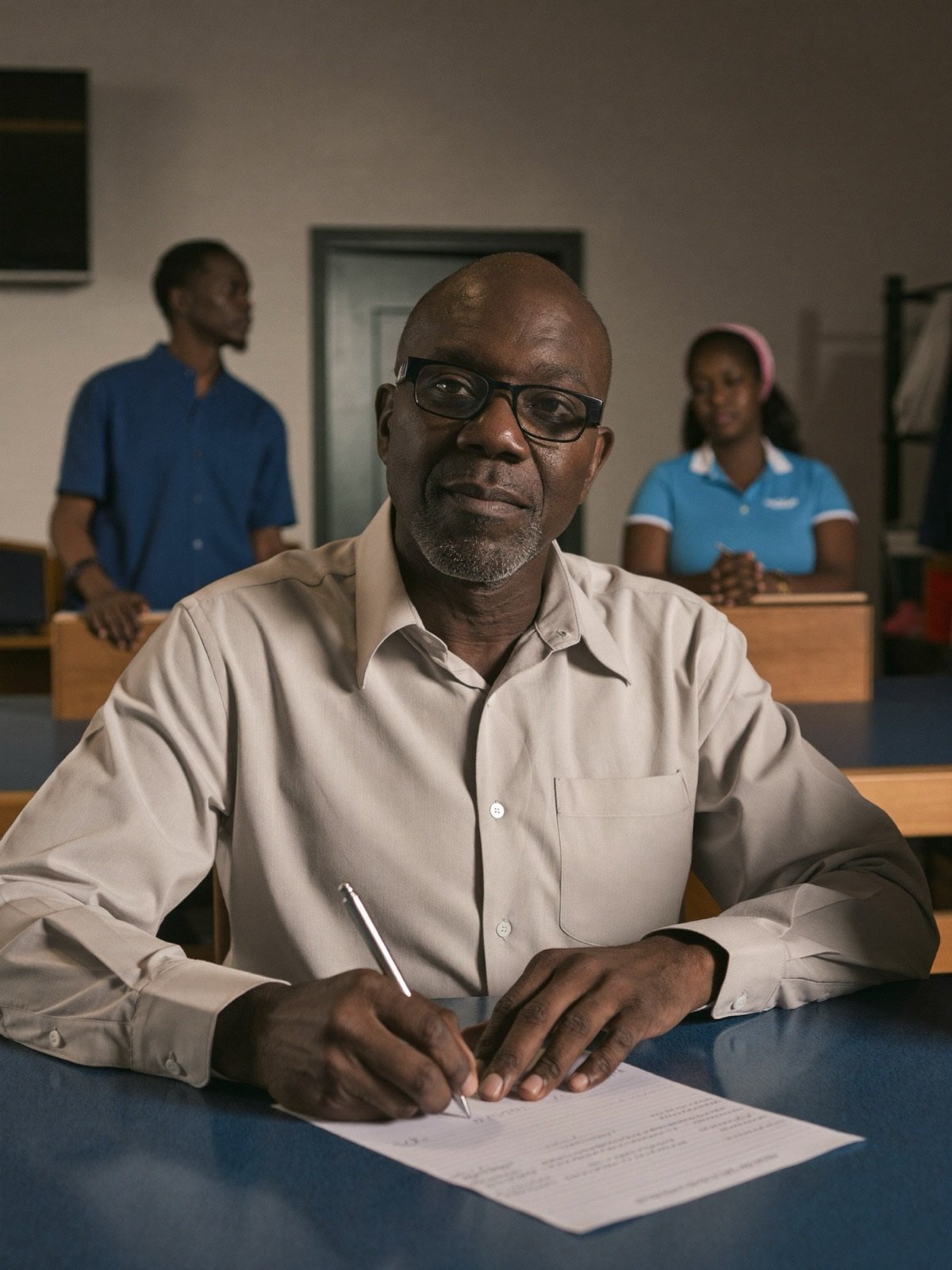 A savings group chairperson signing a loan request at a table, two members behind him
